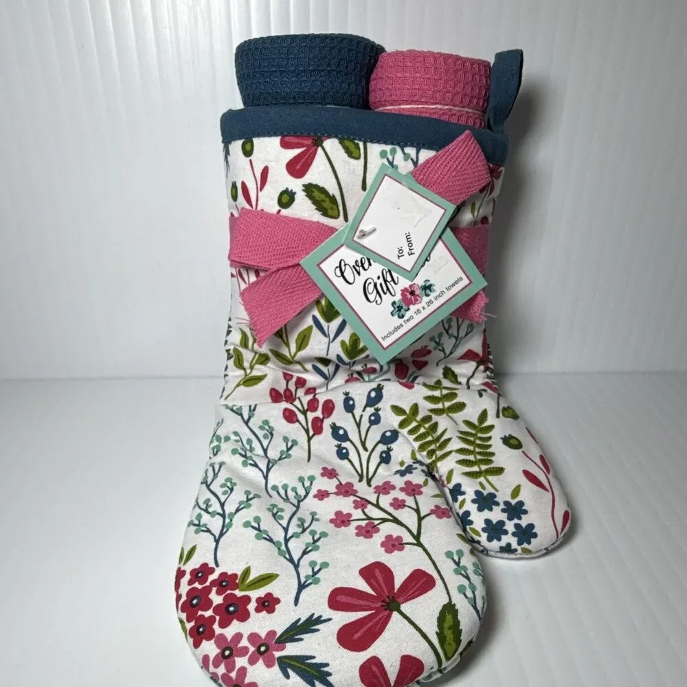 Floral Cotton Oven Mitt & 2 Tea Towels Set, Hanging Loop, Country Style